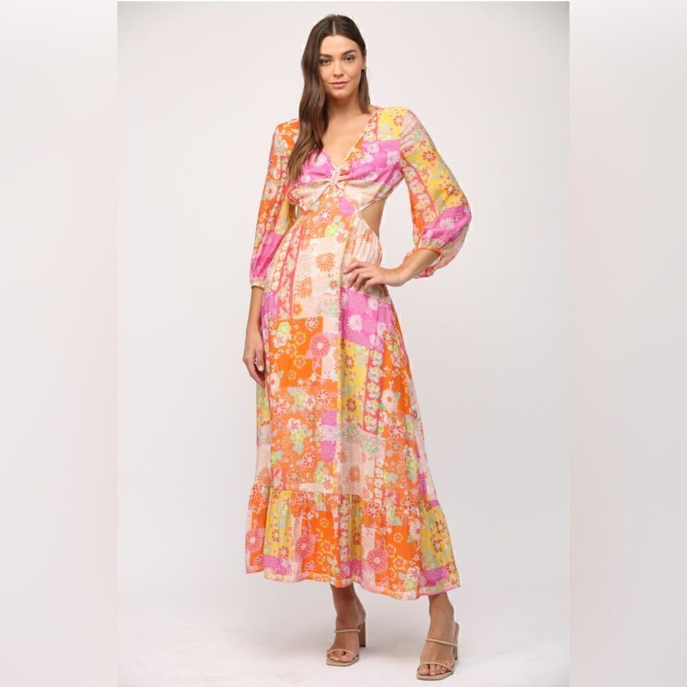 005. FLORAL PATCHWORK PRINT CUT OUT TIE BACK MAXI DRESS